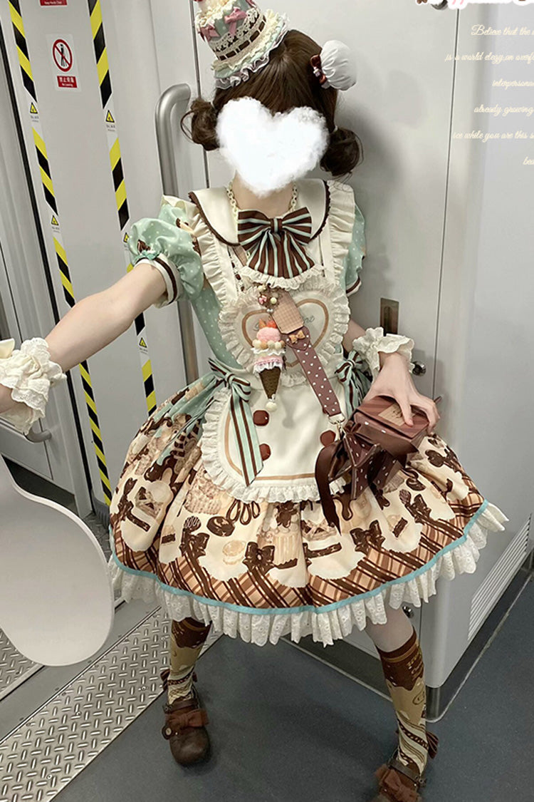 Peppermint Chocolate Cake Bear Print Lace-Up Lolita Dress with Bow - Sweet
