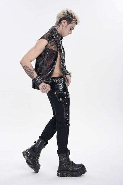 Men's Black Punk Vest, Spliced Mesh with Studs, Zippers and Eyelets