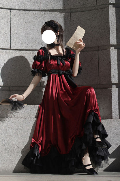 Crimson Square-Neck Vintage Lolita Dress with Ruffles and Bowknot