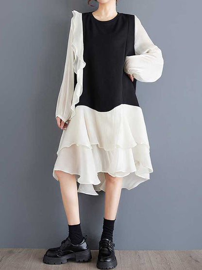 Chic Black Round-Neck Patchwork Contrast Color Ruffle Trim High-Low Long Sleeve Dress TW019