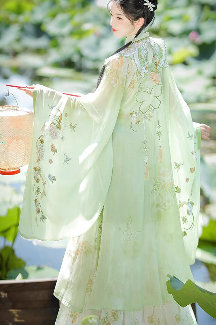 Emerald Ming Dynasty Round Collar Long Sleeve Print Embroidery Sweet Hanfu Outfit