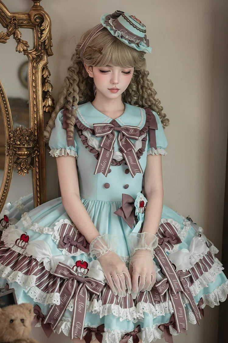 Emerald Lapel Collar Short Sleeve Triple-Layer Printed Ruffled Bow Lace Princess Sweet Lolita Gown