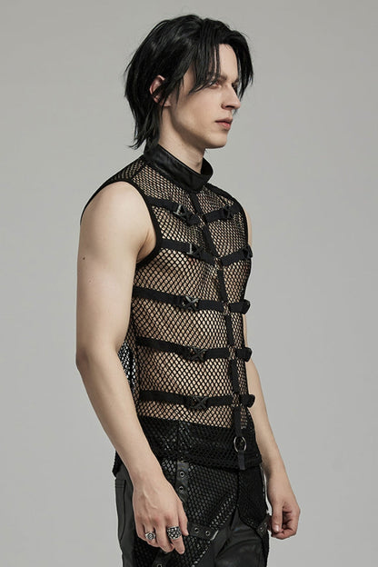 Men's Black Punk Vest, Sleeveless with Straps, Mesh and Buckle