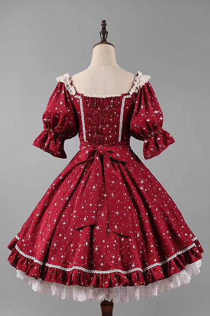 Midsummer Galaxy Star Print Short Sleeve Ruffled Bow Lolita OP Gown