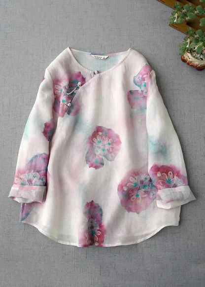 Grace Pink O Neck Print Chinese Button Linen Blouse Top Fall QB031