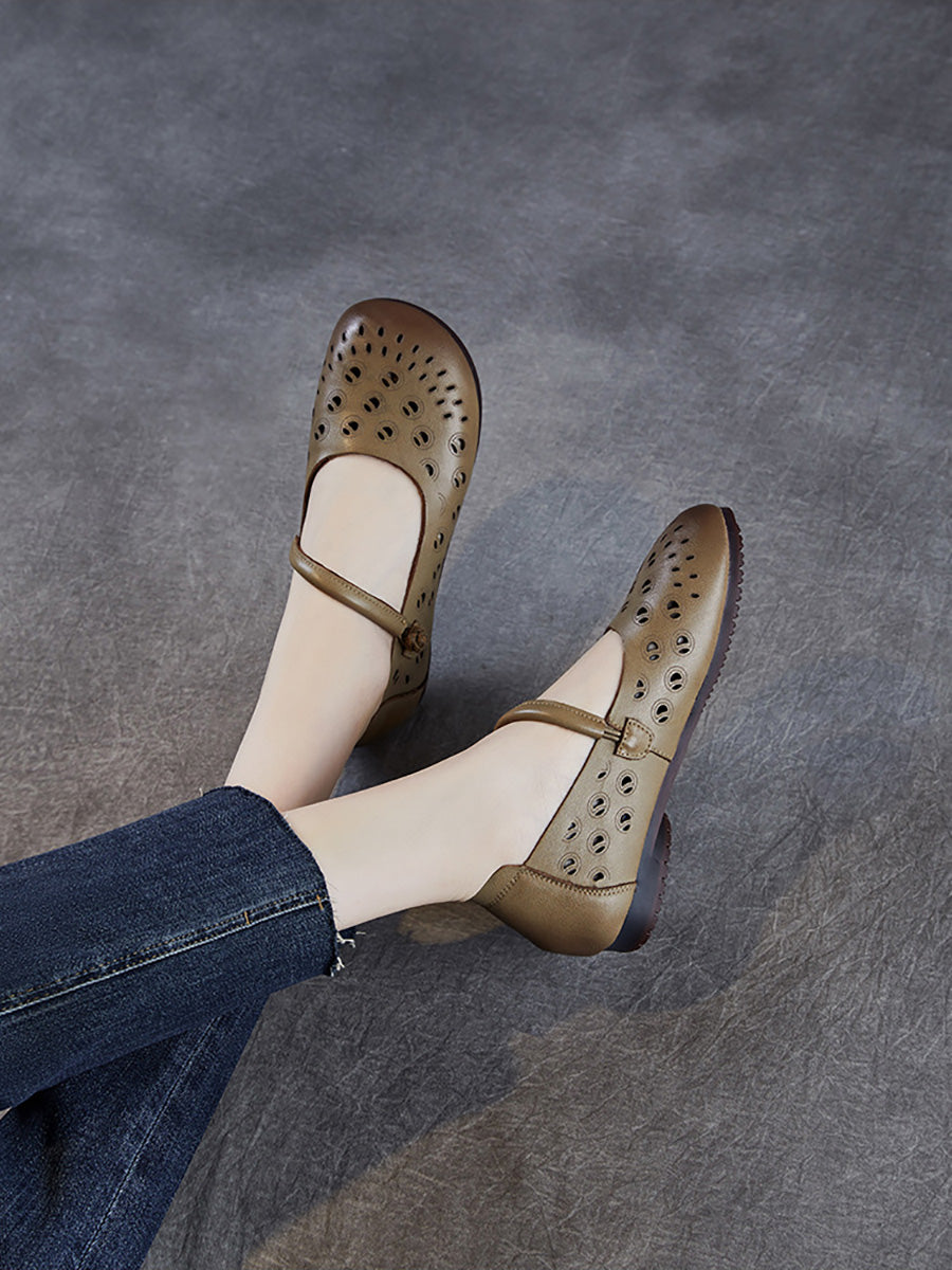 Genuine Shoes Women Summer Hollow Out Heel Low Leather