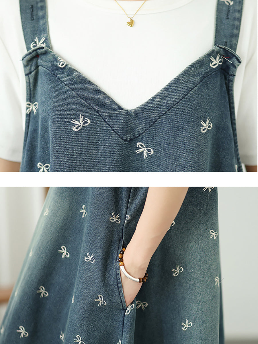 Dress Overall Denim Bowknot Women Summer Embroidery