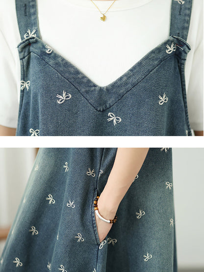 Dress Overall Denim Bowknot Women Summer Embroidery