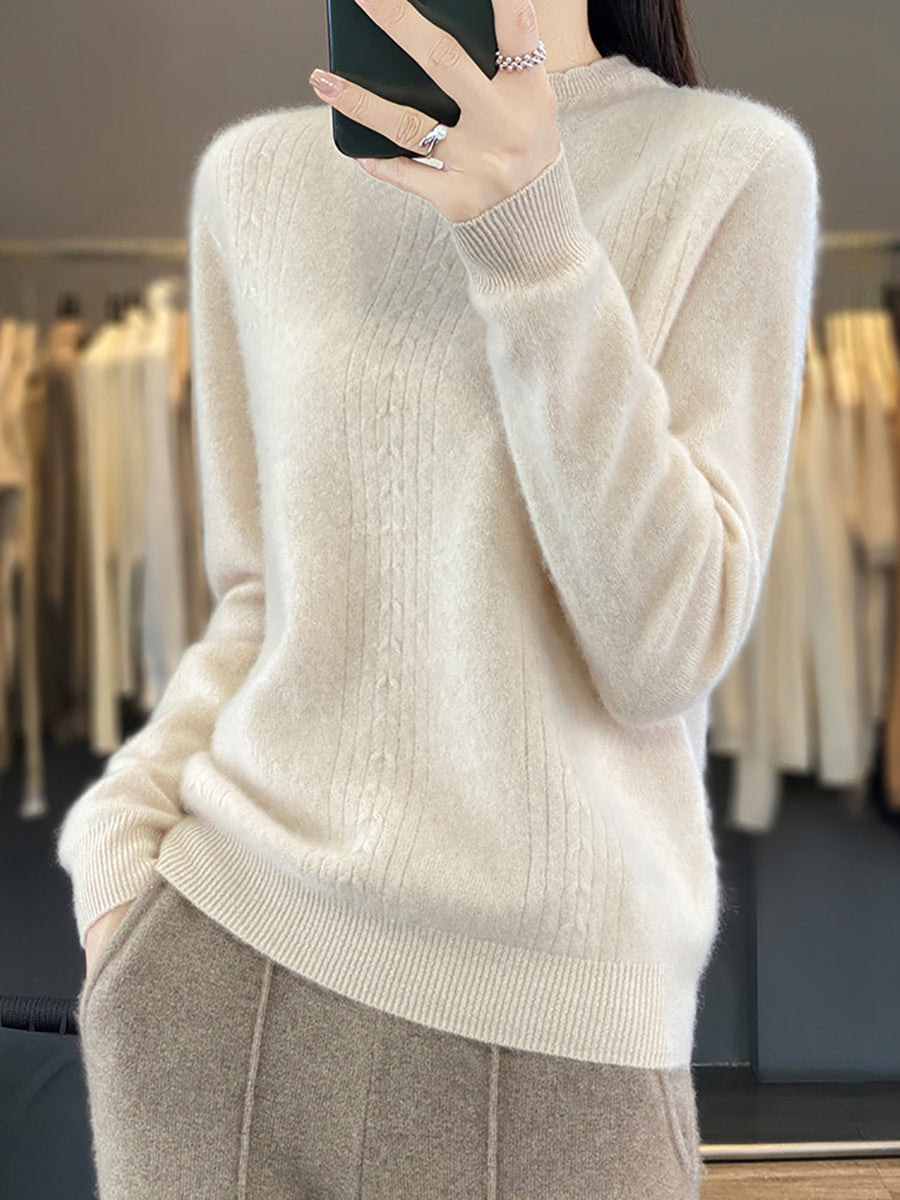 Damen Herbst Pullover mit Zopfmuster, 100% Wolle, halblang, Rollkragen, QN028