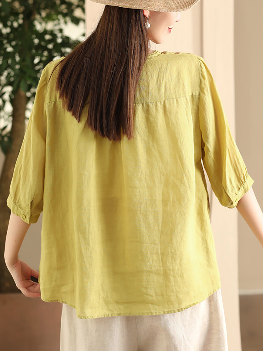 Women Summer Artsy Embroidery V-Neck Ramie Shirt FD005