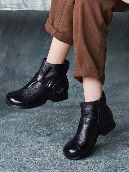 Women Vintage Autumn Soft Leather Buckle Low Heel Boots BA1053