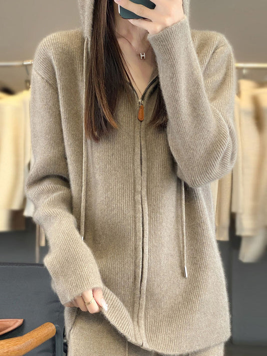 Women Autumn Casual 100%Wool Hooded Cardigan Sweater BA1059