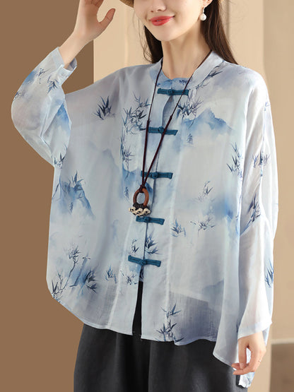 Women Summer Artsy Flower Button-Up Ramie Shirt HH016