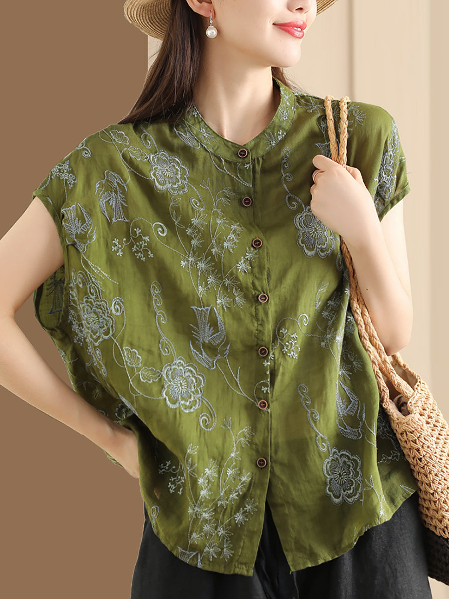 Women Summer Vintage Flower Embroidery Button Ramie Shirt OO1048