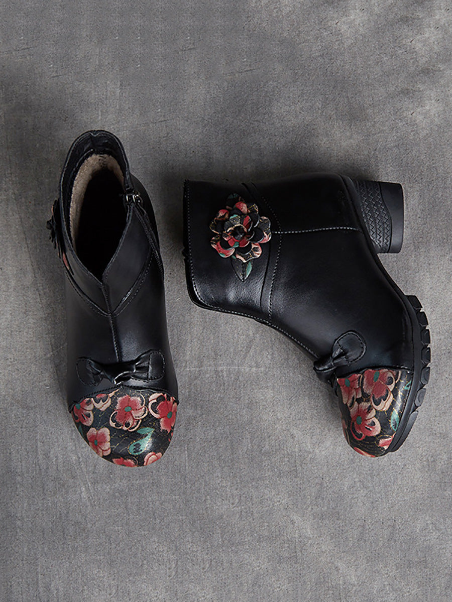 Women Ethnic Autumn Flower Spliced Leather Mid-Heel Boots AI1019