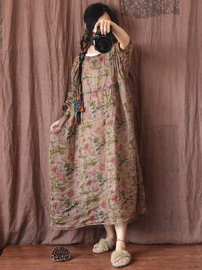 Women Summer Vintage Floral Plaid Loose Ramie Dress OP1008