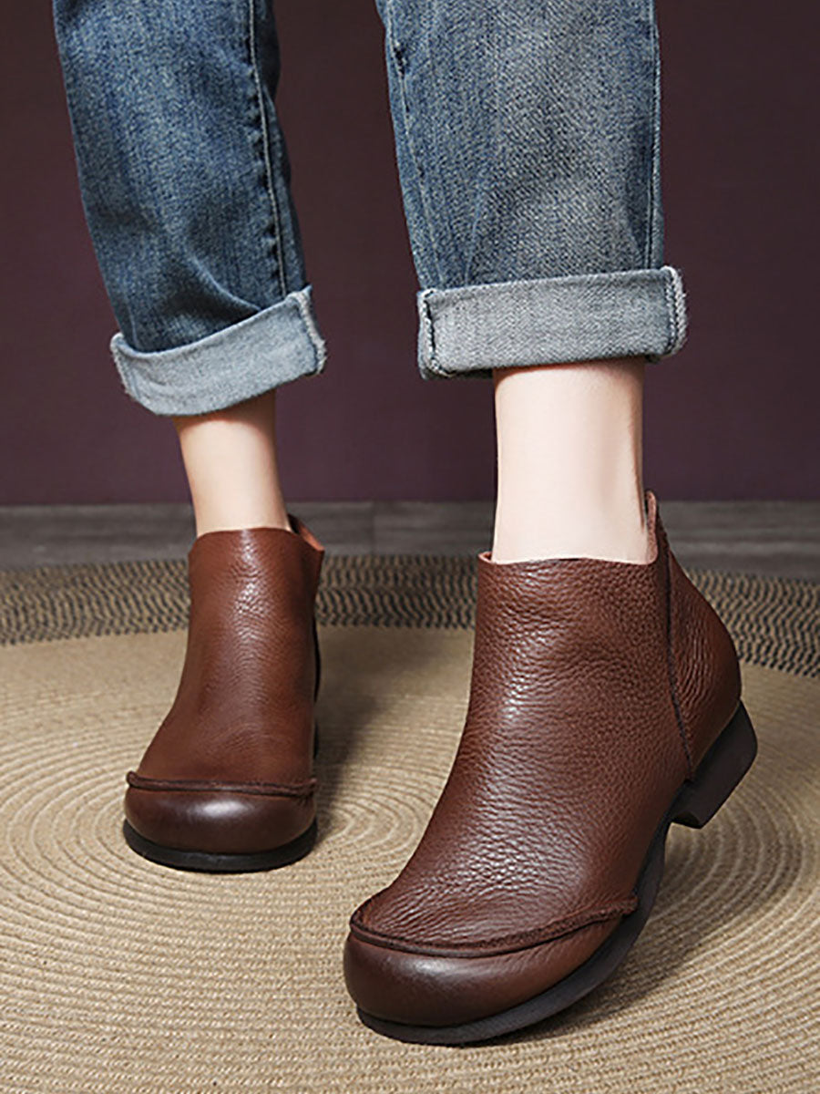 Women Elegant Solid Leather Spliced Low Heel Boots WG025