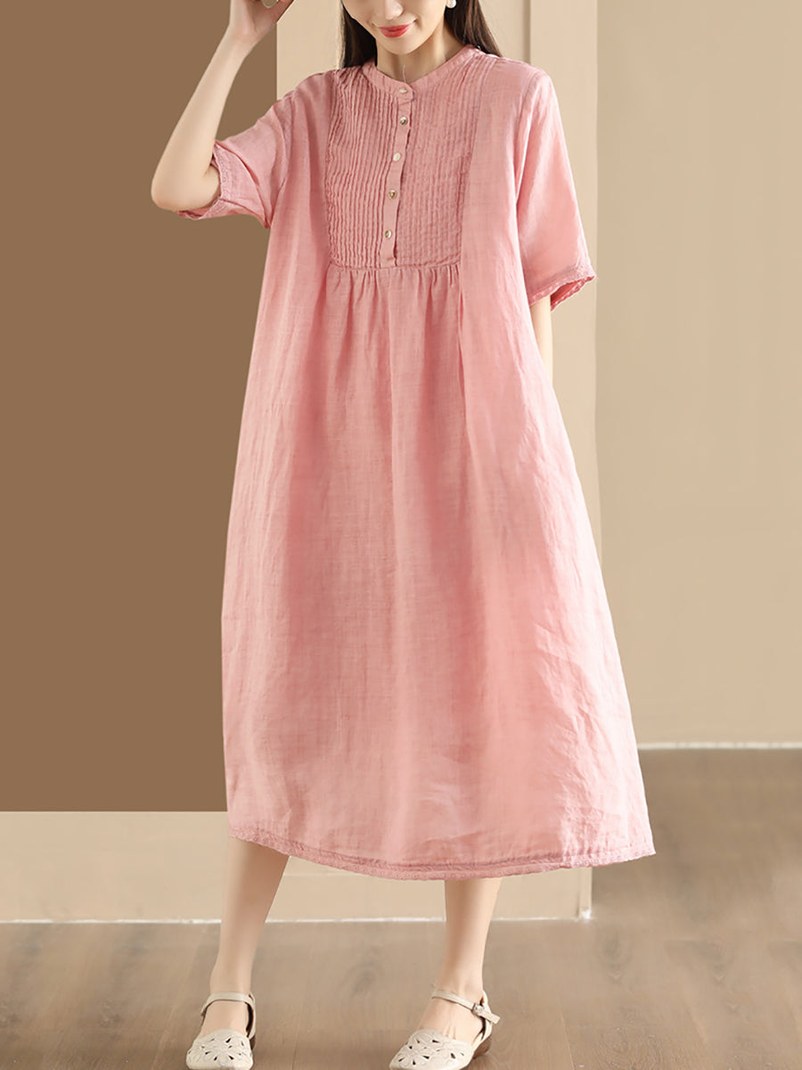 Women Summer Casual Solid Shirred Button Linen Dress HH019