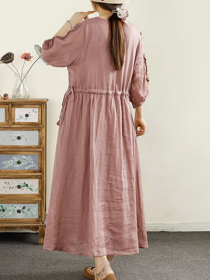 Robe d'été en ramie à col en V et couleur pure pour femme HH018