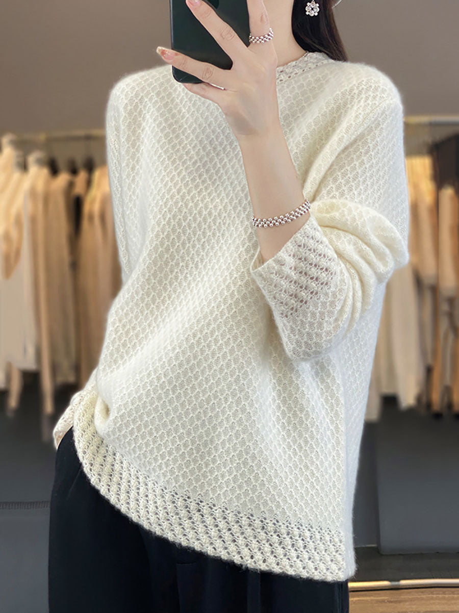 Women Autumn Solid Knit 100%Wool O-Neck Sweater QM005