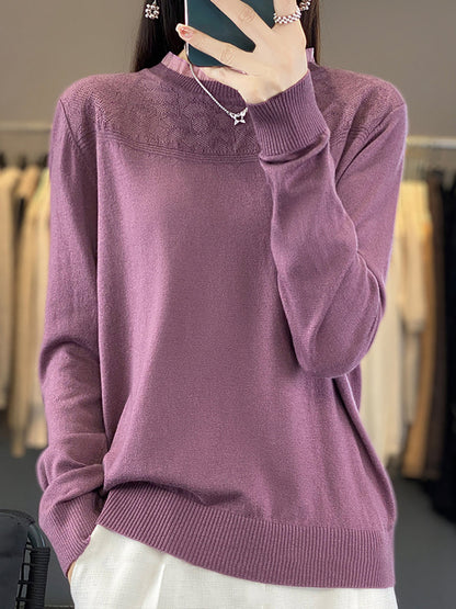 Pull ample 100 % laine à col en dentelle pour femme QM020