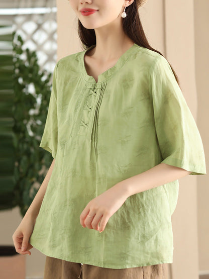 Women Summer Artsy Flower Stand Collar Ramie Shirt LL040