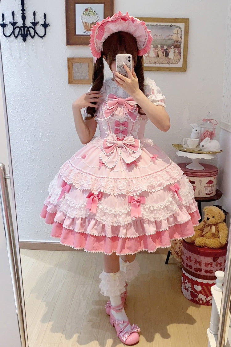 Blush Sleeveless Multi-Layered Ruffle Bow Lace Sweet JSK - Fondant Cake
