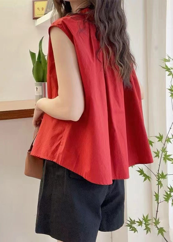 Women Red O Neck Button Cotton Blouses Sleeveless QP063