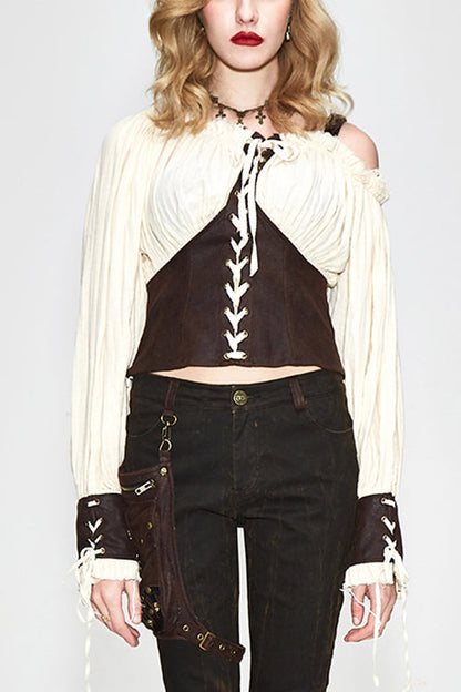 Slim Halterneck Punk Blouse for Women, Vintage Sexy Style, Cream
