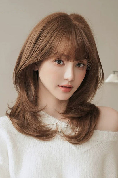 Coffee Milk Full Air Bangs Multi-Layer Collarbone Lolita Wig