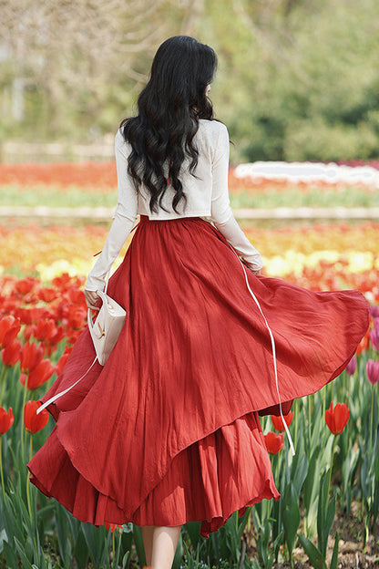 Crimson Classic Lolita JSK Dress with Double-Layered Ruffles and Rose Motif