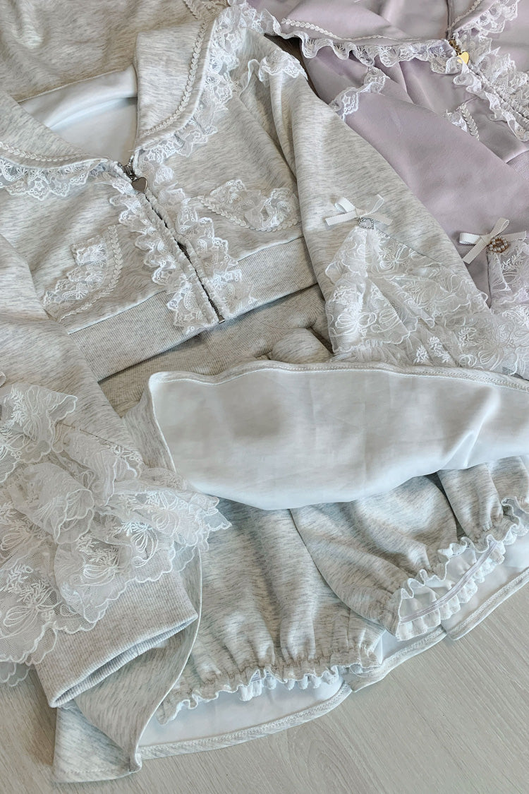 Blush Long-Sleeve Ruffle Lace Hooded Jirai Kei Skirt Set - Heartbeat Rhythm