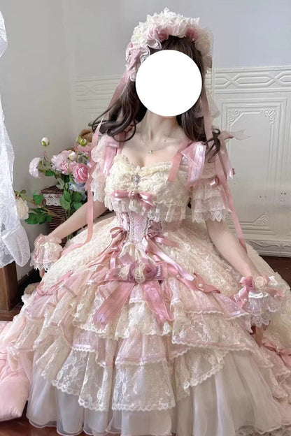 Blush Short Sleeves Jacquard Ruffled Cardigan Lace Dress