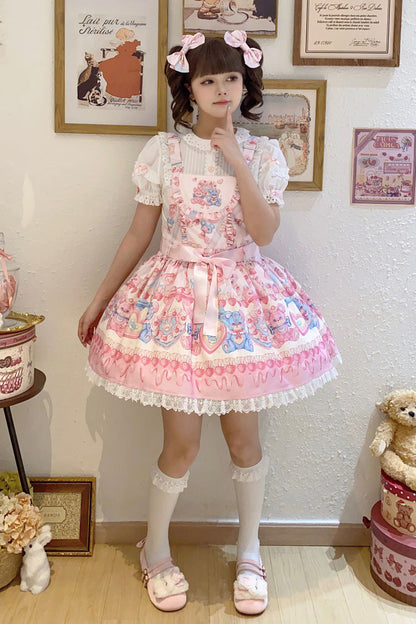 Berry Bear Print Pink Bow Stitched Lace Lolita Strap Dress