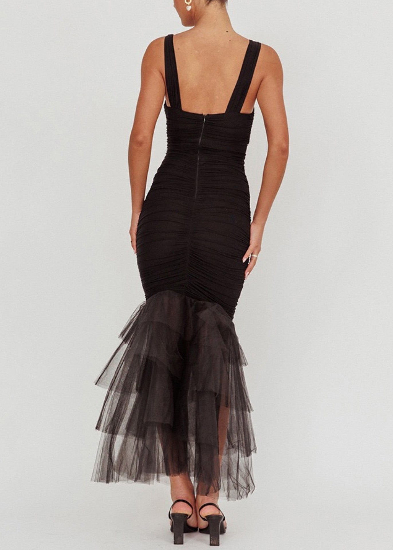 Dress Summer Spaghetti Strap Wrinkled Patchwork Black Tulle