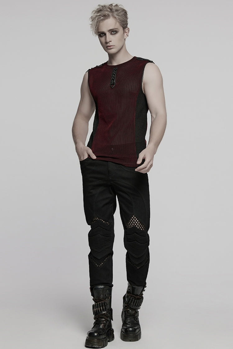 Crimson & Obsidian Round Collar Sheer Mesh Color Matching Rivet Punk Vest
