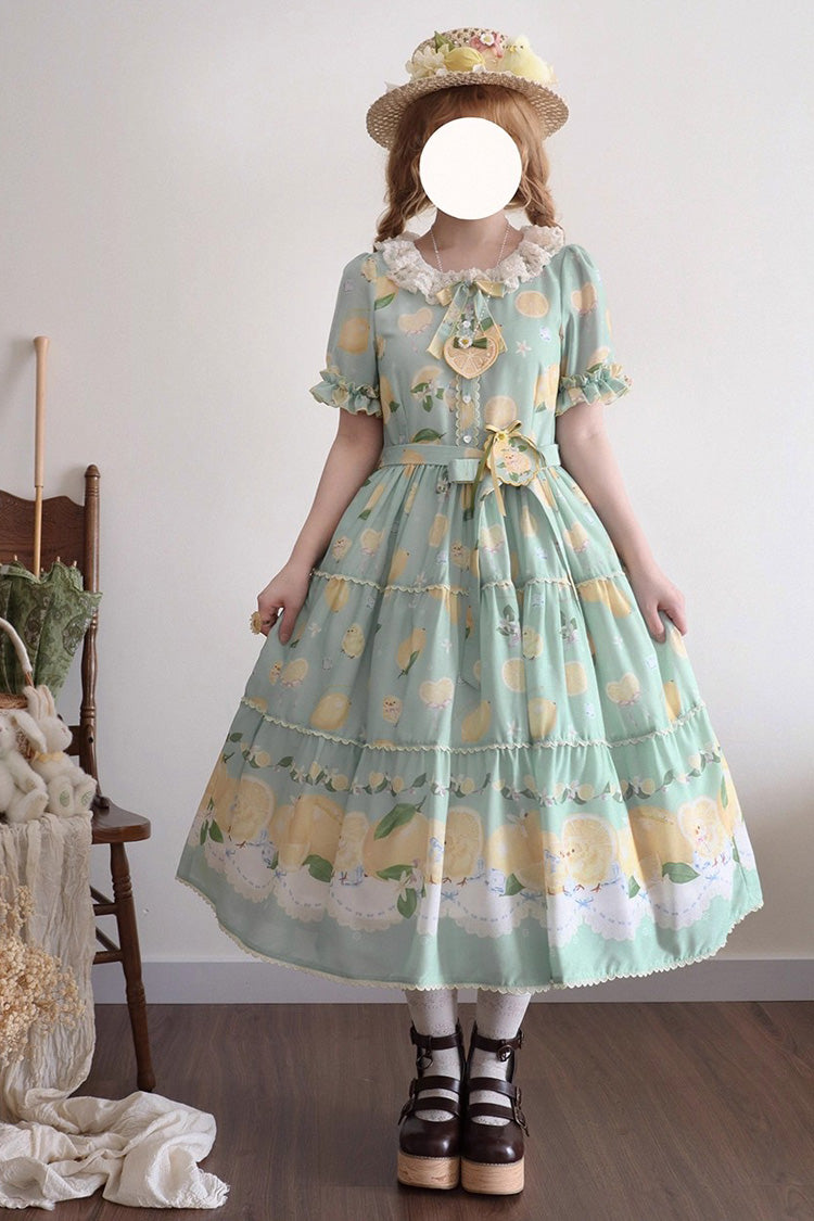 Emerald Lemon Chicken Short-Sleeve Ruffle Bow Daily Sweet Dress