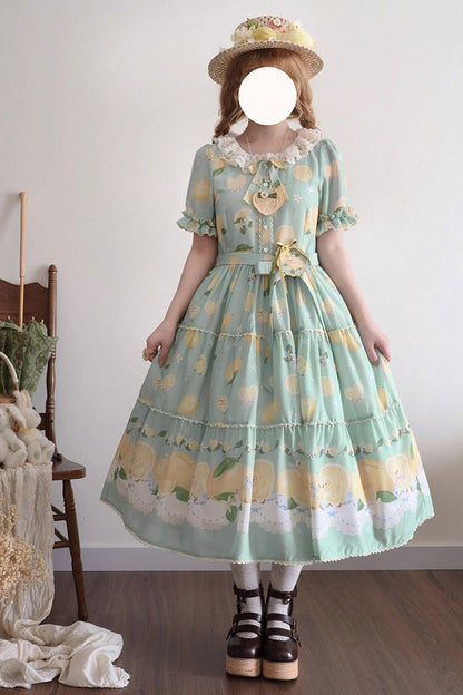 Emerald Lemon Chicken Short-Sleeve Ruffle Bow Daily Sweet Dress
