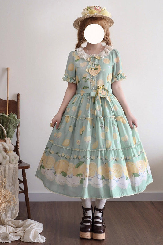 Emerald Lemon Chicken Short-Sleeve Ruffle Bow Daily Sweet Dress