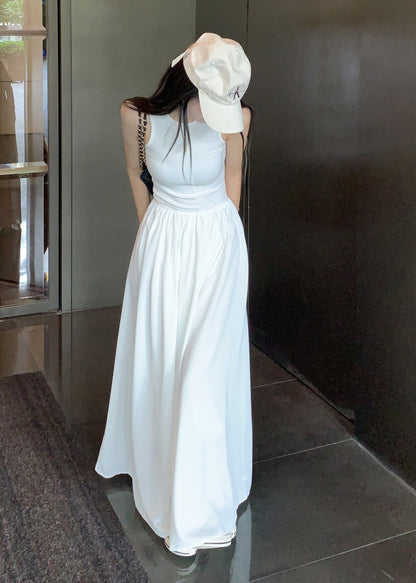 Cotton White Holiday Sleeveless Fit Silm Dress Patchwork