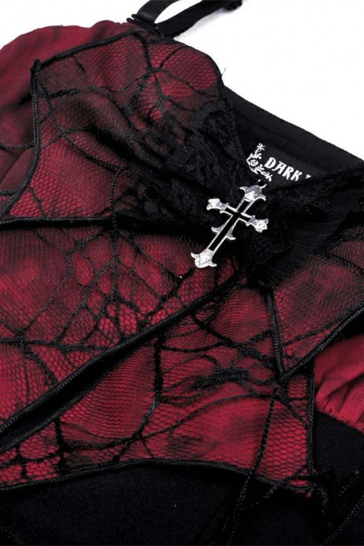 Crimson & Obsidian Sleeveless Bowknot Lace-Up Double-Layered Frilly Gothic Slip Graduation Dress