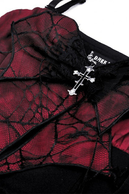 Crimson & Obsidian Sleeveless Bowknot Lace-Up Double-Layered Frilly Gothic Slip Graduation Dress