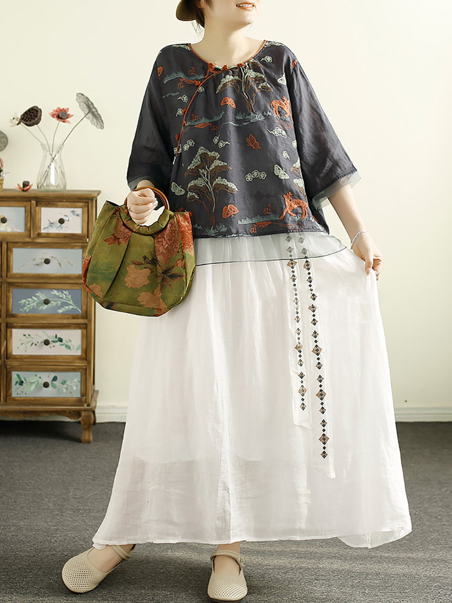 Women Vintage Summer Embroidery Ramie O-Neck Shirt OO1007