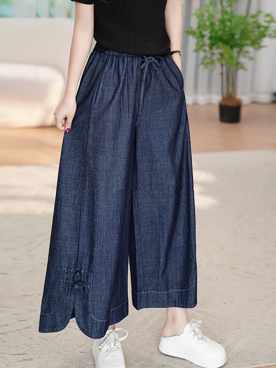 Women Summer Vintage Buckle Wide-leg Denim Pants CX031