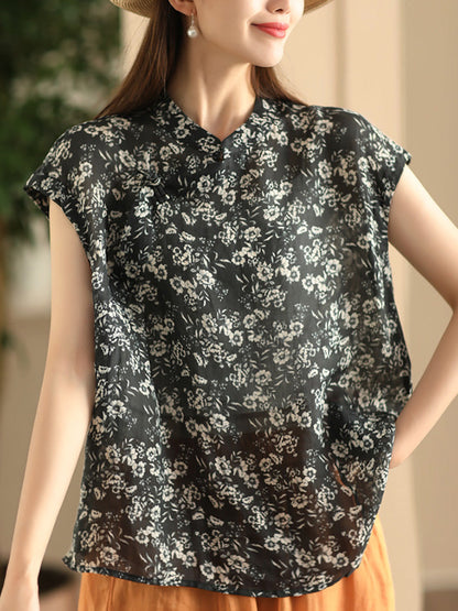 Women Summer Vintage Floral Stand Collar Ramie Shirt FD045