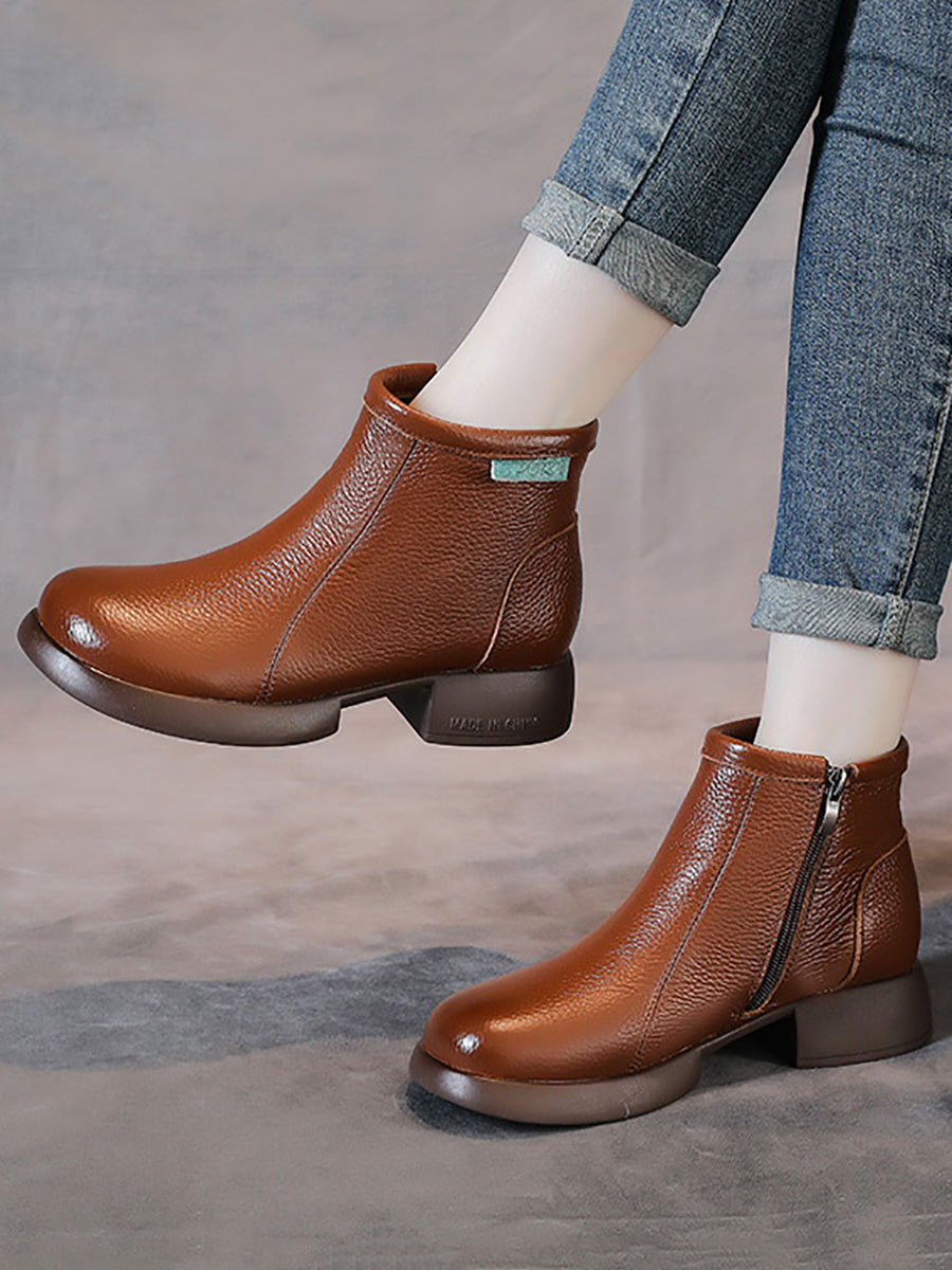 Women Vintage Commute Leather Zipper Mid-Heel Boots AH1065