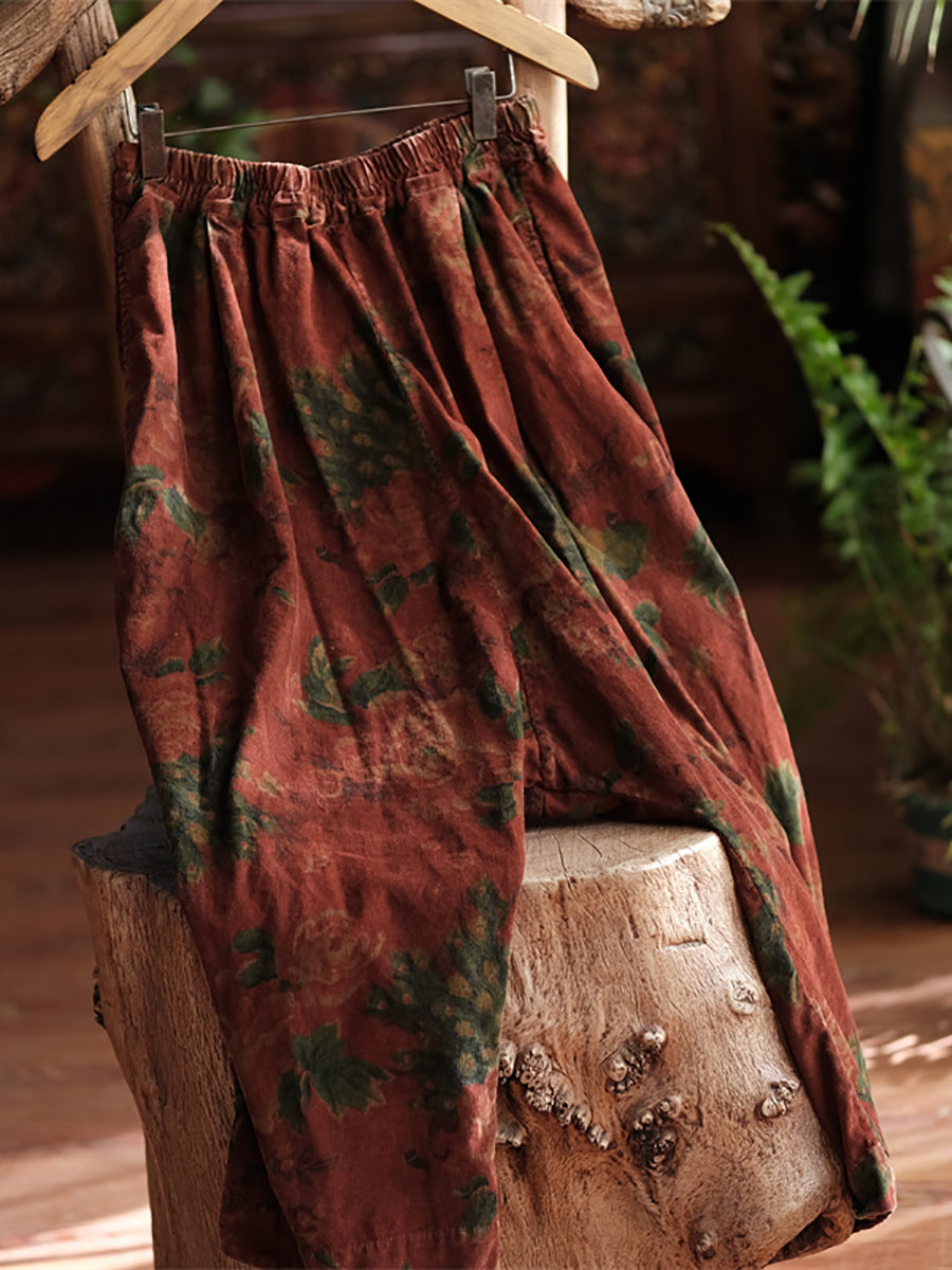 Women Autumn Retro Flower Cotton Wide-leg Pants  AS1024