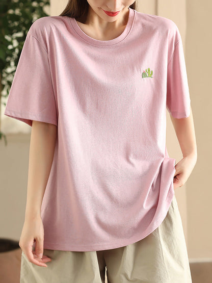 Women Summer Casual Solid Embroidery O-Neck Cotton Shirt CX060