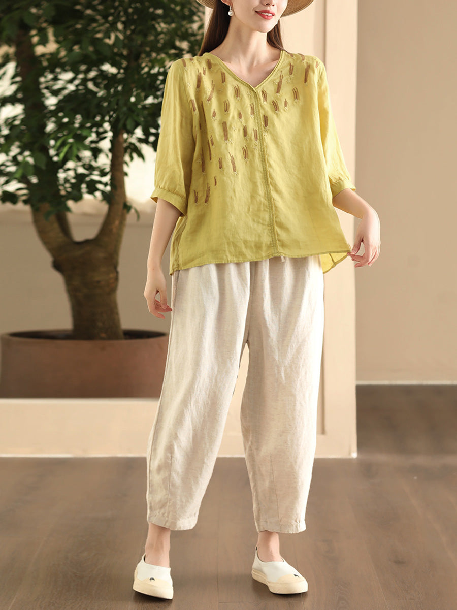 Women Summer Artsy Embroidery V-Neck Ramie Shirt FD005