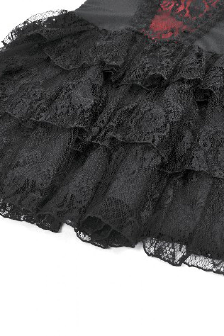 Crimson & Obsidian Sleeveless Multi-Layered Lace Lace-Up Grunge Cake Slip Dress